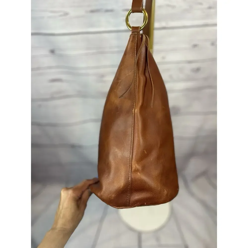 Madewell Leather Zip Top Bucket Tote Bag Brown Shoulder Bag